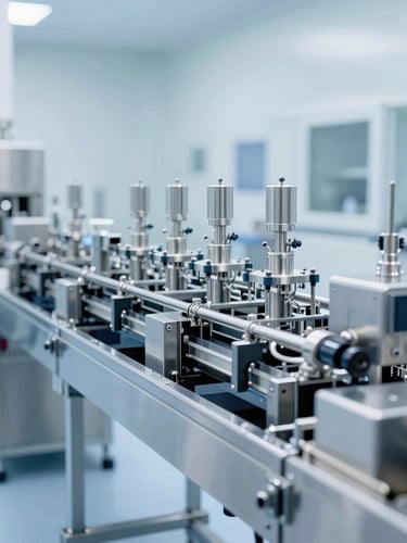 Wide shot of an automated pharmaceutical packaging line, stainless steel equipment, cleanroom environment, high-key lighting, no human presence.