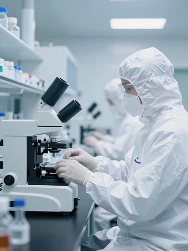 Scientist in full cleanroom PPE operating analytical instruments in a modern pharmaceutical laboratory, bright high-key lighting, sterile cool blue and white tones, sharp macro focus, 35mm