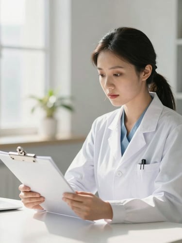 A professional dietitian in a sunlit modern clinic consulting a clinical chart, soft natural daylight, premium editorial photography, shallow depth of field