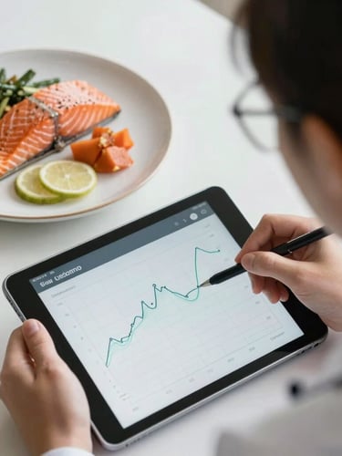 A close-up overhead shot of a clinical dietitian reviewing a digital glucose graph on a tablet, adjacent to a beautifully plated low-glycemic salmon dish, soft natural daylight.