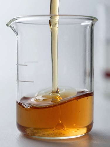 Macro close-up of amber fluid blending in clear laboratory glassware under sharp, cool white technical lighting, high contrast.