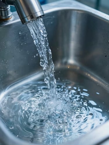 Macro photography of a high-pressure water stream rinsing a pristine stainless steel industrial vat, cool clinical blue light, high contrast reflection.