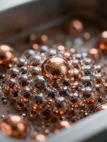 Macro extreme close-up of mineral separation flotation bubbles in a copper processing cell, high contrast technical lighting, sharp details.