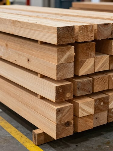 Close-up of freshly cut structural timber stacked in an industrial warehouse, clean yellow safety lines on the floor, high-contrast precise lighting