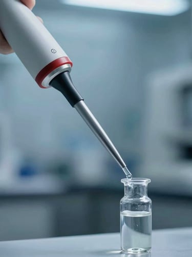 Side profile of a precision laboratory pipette dispensing liquid into a vial, clean stainless steel background, cool blue lighting.