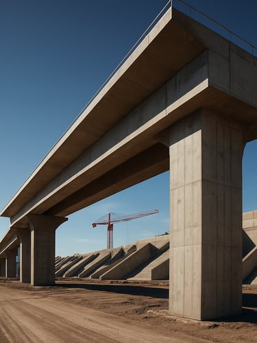 Wide-angle high-contrast shot of a massive concrete infrastructure project in Chile under bright daylight, sharp architectural lines, expansive sky, negative space on the left.