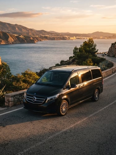 Cinematic wide shot of a pristine black Mercedes-Benz luxury minibus parked on a scenic coastal road in Malaga, warm golden-hour Mediterranean sunlight reflecting on the polished exterior, sea in the background