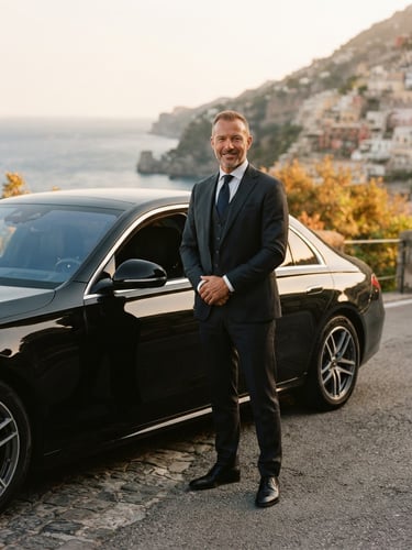 A professional driver in tailored dark attire standing beside a polished black luxury vehicle, warm golden-hour Mediterranean sunlight, soft side-lighting, elegant editorial style, 35mm portrait