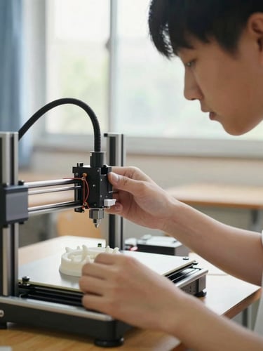 A close-up of a high school student adjusting a 3D printer nozzle, bright natural light from a classroom window, shallow depth of field.