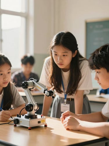 A bright, sunlit science classroom with students collaborating over a small robotic arm, warm natural light, authentic engagement, shallow depth of field