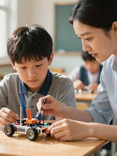 A close-up of a teacher and student collaborating over a colorful robotics project in a sunlit classroom, authentic engagement, shallow depth of field.