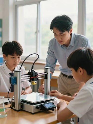 A bright science classroom where a teacher guides two students operating a 3D printer, warm natural window light, shallow depth of field.