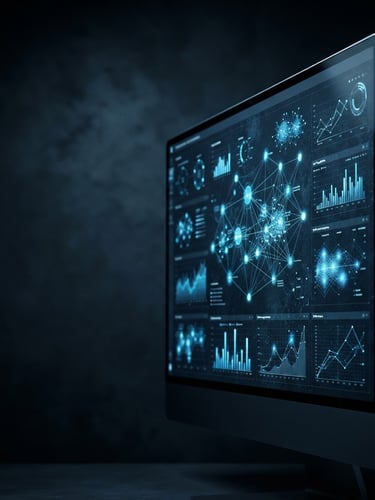 Sleek editorial technology photography, cool high-contrast studio lighting, deep slate and electric blue tones, macro 50mm, a live analytics dashboard showing real-time campaign metrics on a clean monitor, with abstract user flow representations, off-center to the right, generous negative space on the left.