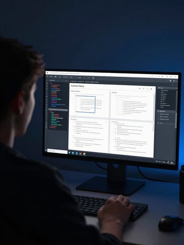 Over-the-shoulder perspective of a designer working on web design wireframes with code snippets visible on a second monitor, cool high-contrast studio lighting, deep slate and electric blue tones, macro 50mm