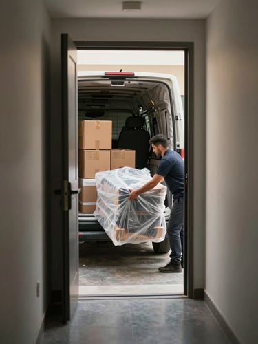 Wide environmental shot inside a Dubai apartment hallway, a mover's hands securing bubble-wrapped furniture against a padded van interior visible through an open door, natural daylight flooding in from the corridor, warm grey walls, boxes stacked neatly behind