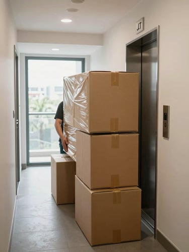 Close environmental shot inside a JLT apartment corridor, cardboard boxes stacked logically near a service elevator, natural daylight from a window at the end of the hall, hands visible gripping a wrapped piece of furniture mid-carry, no faces shown