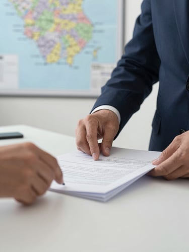 Close-up of hands organizing legal documents on a desk, with a blurred map of Southern Illinois in the background, under clean morning light.