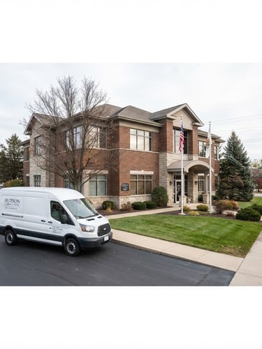 Wide panoramic shot of the Hutson & Associates Inc. office exterior in Alton, Illinois, under crisp overcast daylight, with a professional fleet vehicle parked clearly visible in the foreground to the left.
