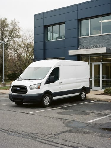 A clean white fleet vehicle parked outside the Alton office under crisp overcast daylight, desaturated navy tones, sharp focus, 35mm