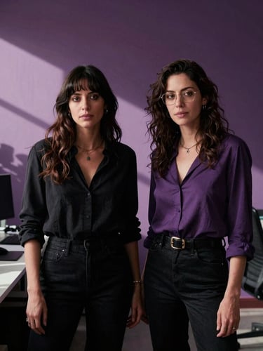 Cinematic portrait of two female film producers in a sunlit CDMX production office, high-contrast natural light, deep shadows, 35mm film aesthetic, plum tones.