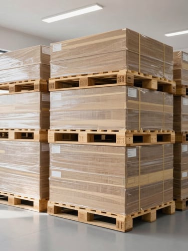 Bright clean daylight corporate logistics warehouse, large high-quality office hardware pallets stacked neatly, architectural composition, 35mm
