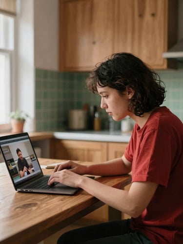 A candid medium shot of a photographer editing photos on a laptop in a cozy, sunlit Scandinavian-style restaurant kitchen, warm wood tones, 35mm