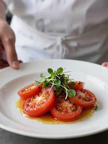 A chef carefully plating a vibrant heirloom tomato dish with microgreens, steam rising, hands visible, soft natural side lighting, shallow depth of field, 35mm