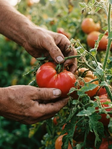 Close-up of weathered hands harvesting heirloom tomatoes in soft morning light, dew drops visible on the vines, warm editorial photography, 35mm