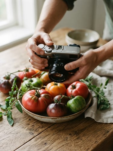A close-up of hands holding a camera over a rustic wooden table with fresh heirloom tomatoes, soft natural Scandinavian daylight, shallow depth of field, 35mm