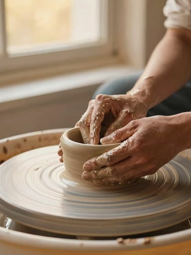 Portrait of a ceramic artist's hands on a pottery wheel, shaping wet clay, focused on the tactile interaction, warm golden-hour window light, shallow depth of field, 35mm