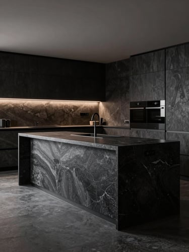 Architectural wide shot of a monolithic kitchen island crafted from dark charcoal quartz sinter, seamless mitered edges, dramatic side-lighting, minimalist luxury kitchen interior