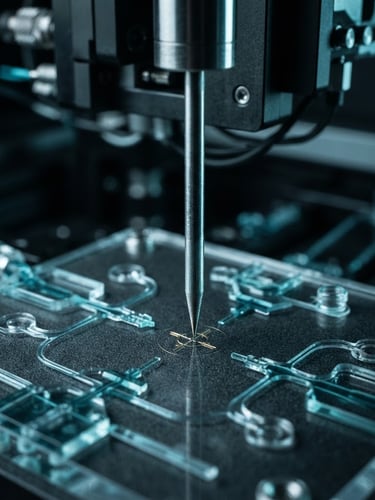 Extreme macro close-up of a high-precision robotic actuator needle calibrating over a microfluidic chip, cool-toned high-contrast studio lighting, deep charcoal background with sharp cyan highlights, 35mm
