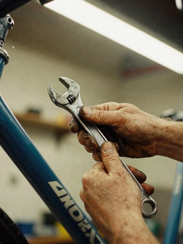 Raw documentary close-up of grease-stained hands holding a wrench over a bicycle frame, warm workshop light, high contrast, 35mm film grain.