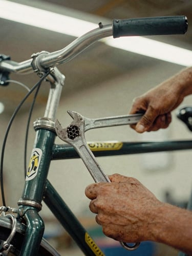 Close-up of grease-stained hands holding a heavy wrench over a vintage bicycle frame, warm natural workshop light, high contrast, 35mm film grain