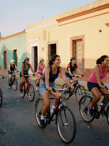 A diverse group of women and non-binary cyclists laughing and riding together down a vibrant street in Colonia Doctores, golden hour sunlight, raw documentary style