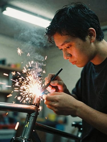 Close-up portrait of a non-binary person welding a bicycle frame, sparks flying, warm fluorescent workshop light, high contrast, 35mm film grain