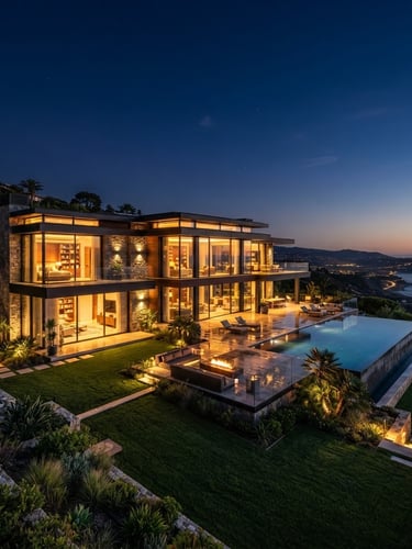 Cinematic architectural photography of a modern luxury villa exterior at twilight, warm golden interior lighting spilling onto manicured lawns, deep navy sky, wide-angle 35mm.