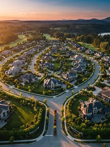 Cinematic aerial drone shot of master-planned luxury estate plots at golden hour, manicured green boundaries, wide asphalt roads, soft sunset light casting long shadows, 35mm photography