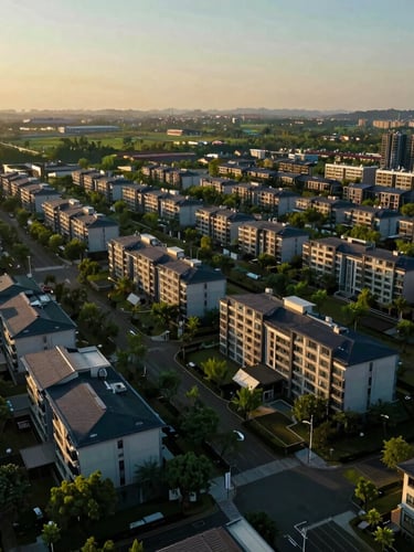 Cinematic architectural photography, wide-angle 35mm shot of a sweeping master-planned community at golden hour, deep emerald tones and warm sunlight casting long shadows.