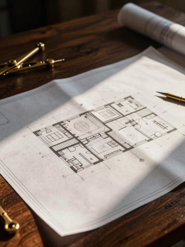 Close-up of premium architectural blueprints resting on a dark teak table, warm sunlight casting long shadows over brass drafting instruments, elegant editorial feel