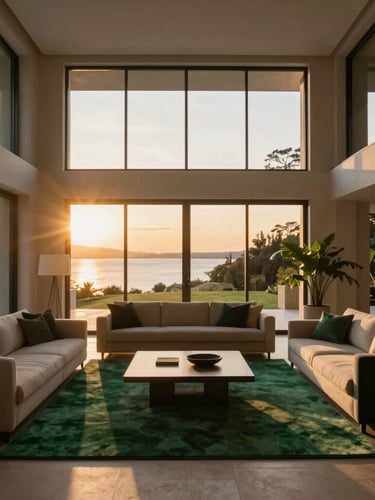 Wide interior shot of a sun-drenched villa living room, golden hour light streaming through floor-to-ceiling windows, elegant minimalist furniture, cinematic architectural photography.