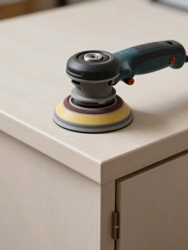Close-up of a dustless sanding tool resting on a perfectly smooth, prepped cabinet door, soft side-light highlighting the flawless texture, clean professional setting.