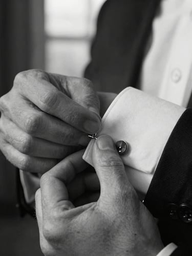 Extreme close-up of hands adjusting a cufflink in moody indoor shadows, high contrast black and white, natural window light.