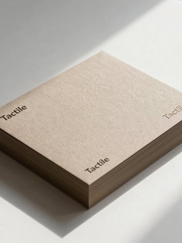 Tactile brand artifacts: a stack of custom-designed letterpress stationery on warm taupe paper, soft natural shadows on a bright white surface.