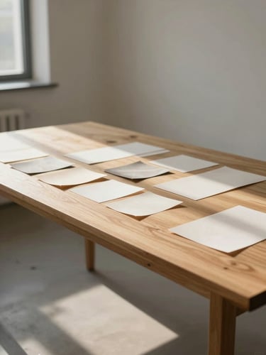 Wide shot of a sun-drenched, minimalist studio interior with a large oak table, textured paper swatches scattered across the surface, soft morning light casting long shadows