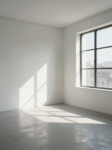 Sun-drenched, minimalist studio interior with clean white walls and high ceilings, soft natural shadows cast by a large window.