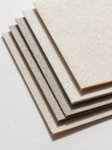 Close-up of textured heavy-weight cotton paper swatches stacked in an asymmetric fan, soft natural daylight casting gentle shadows, minimalist contemporary editorial style.