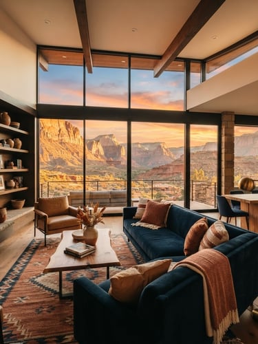 Modern luxury vacation rental interior with large windows framing a panoramic golden-hour view of Zion National Park's red rock landscape, clean lines, warm lighting, cozy seating, empty of people, wide-angle lens.