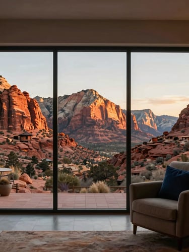 Clean modern interior of a vacation rental, large window framing a stunning golden-hour view of Zion's red rocks, soft light, cozy armchair.