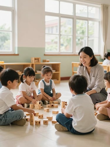 A bright, clean kindergarten classroom in Vietnam with natural daylight flooding through large windows, children playing with wooden blocks on a clean floor, a teacher smiling and sitting at eye level with them.